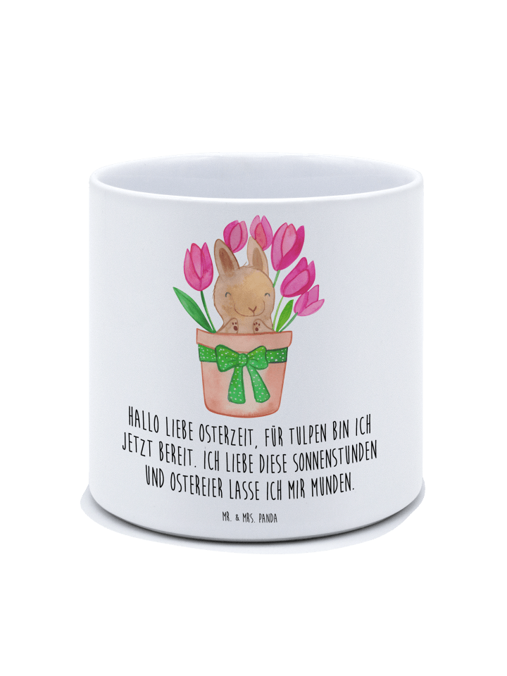 XL Blumentopf Hase Tulpen mit Spruch in Weiß