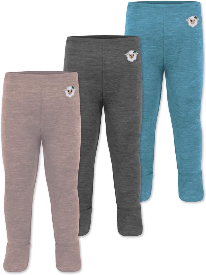 3er Pack Baby Merino Unterhose mit Füßen in Blau/Anthrazit/Rosa