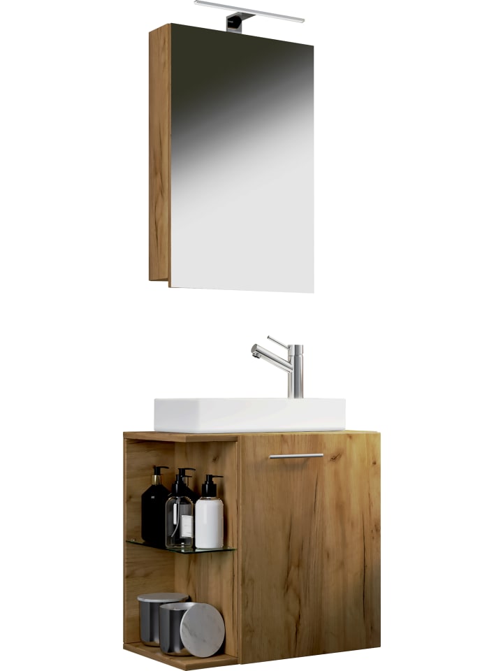 3-tlg Gäste WC Waschplatz Waschtisch Hausa Schrank in Honig-Eiche
