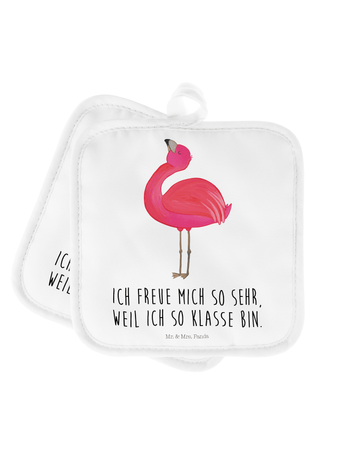 Topflappen Flamingo Stolz mit Spruch in Weiß