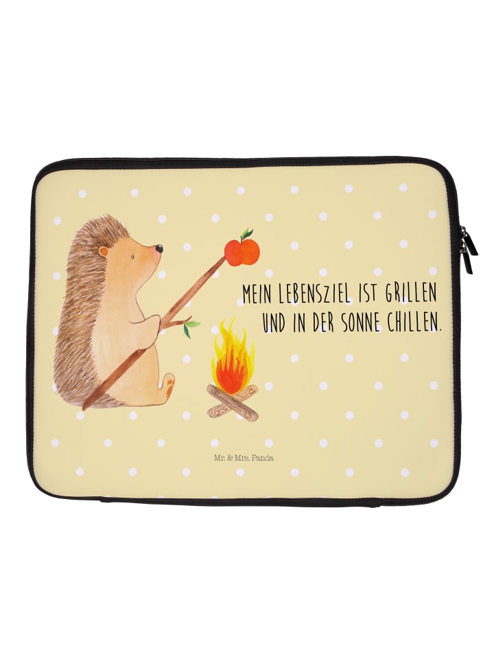Laptoptasche Igel Grillen mit Spruch in Gelb Pastell