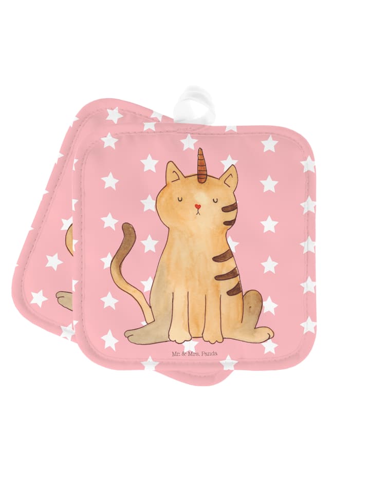 2er Set Topflappen  Einhorn Katze ohne Spruch in Rot Pastell