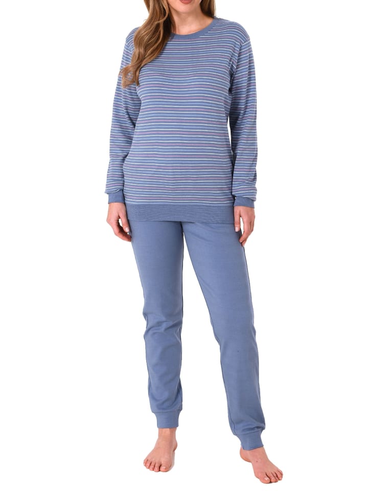 interlock Pyjama Schlafanzug Bündchen Streifen - 69512 in blau