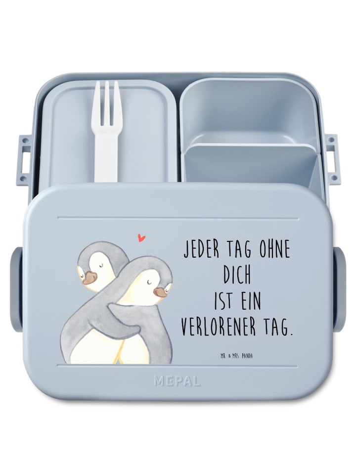 Lunch Box Pinguine Kuscheln Motiv mit Spruch in Blau Pastell