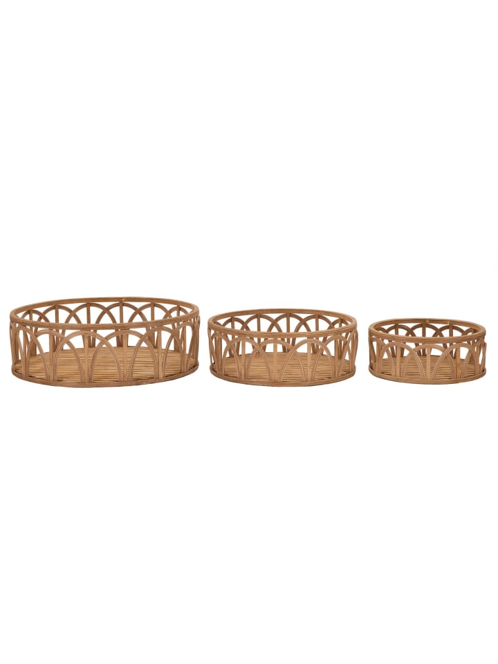 Set mit 3 leeren, braunen Rattan-Taschenboxen, Ø cm 50x16-40x14-30x12