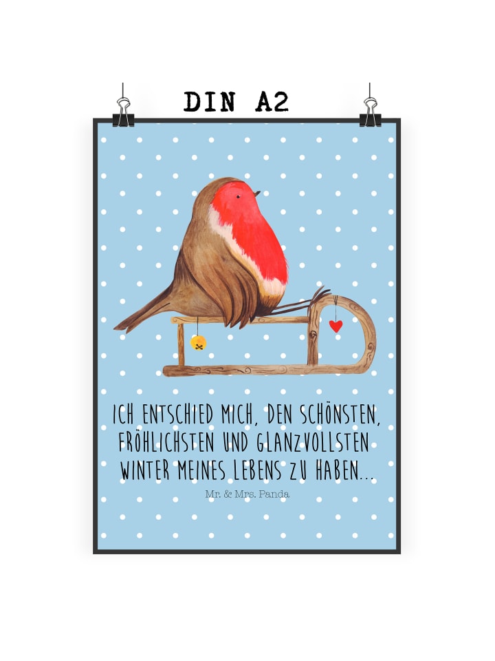 Poster Rotkehlchen Schlitten mit Spruch in Blau Pastell