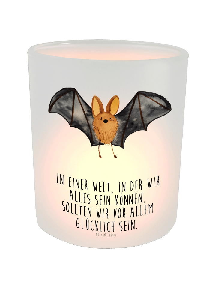 Glas Teelicht Fledermaus Flügel mit Spruch in Transparent