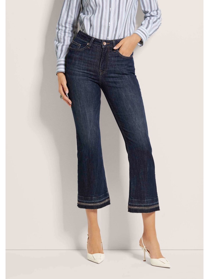 Ausgestellte Jeans mit Strass-Deko und Fransen in darkblue