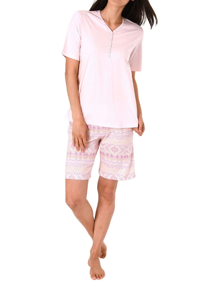 kurzarm Schlafanzug Shorty Pyjama Ethnolook in rosa
