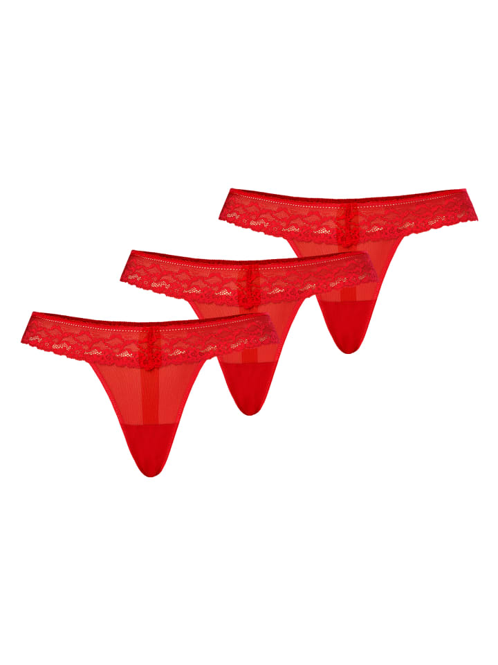 3er Pack: Mesh Tanga mit floraler Spitze Leo in rot