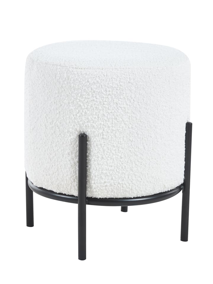 Polsterhocker rund Ø35 cm Metallgestell schwarz und Bouclé-Stoff in Weiß