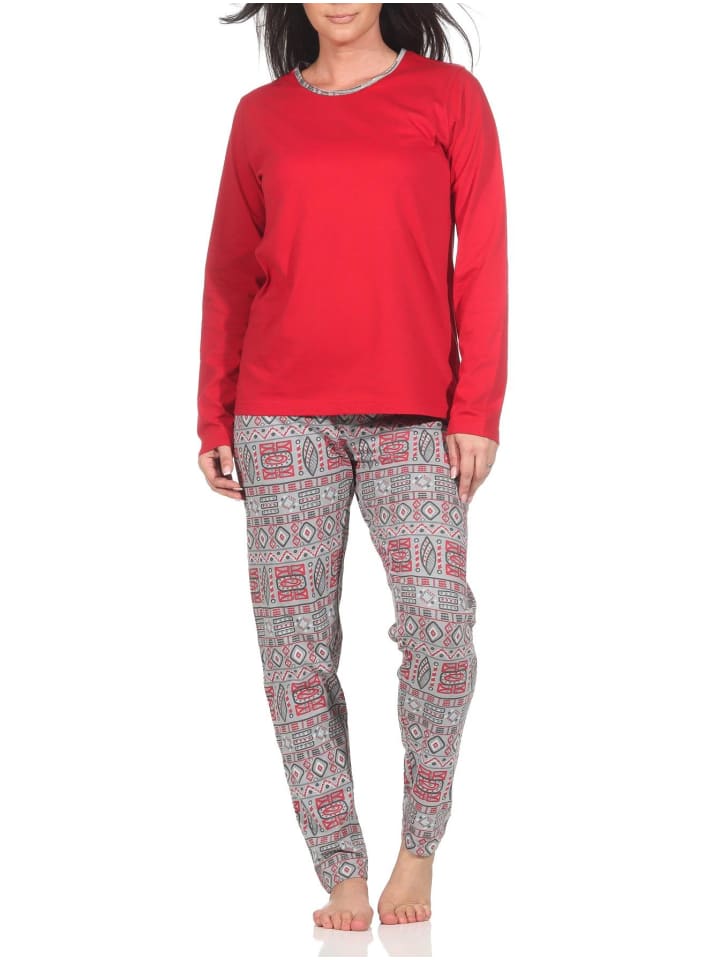 Schlafanzug Pyjama langarm Ethnolook - 88779 in rot