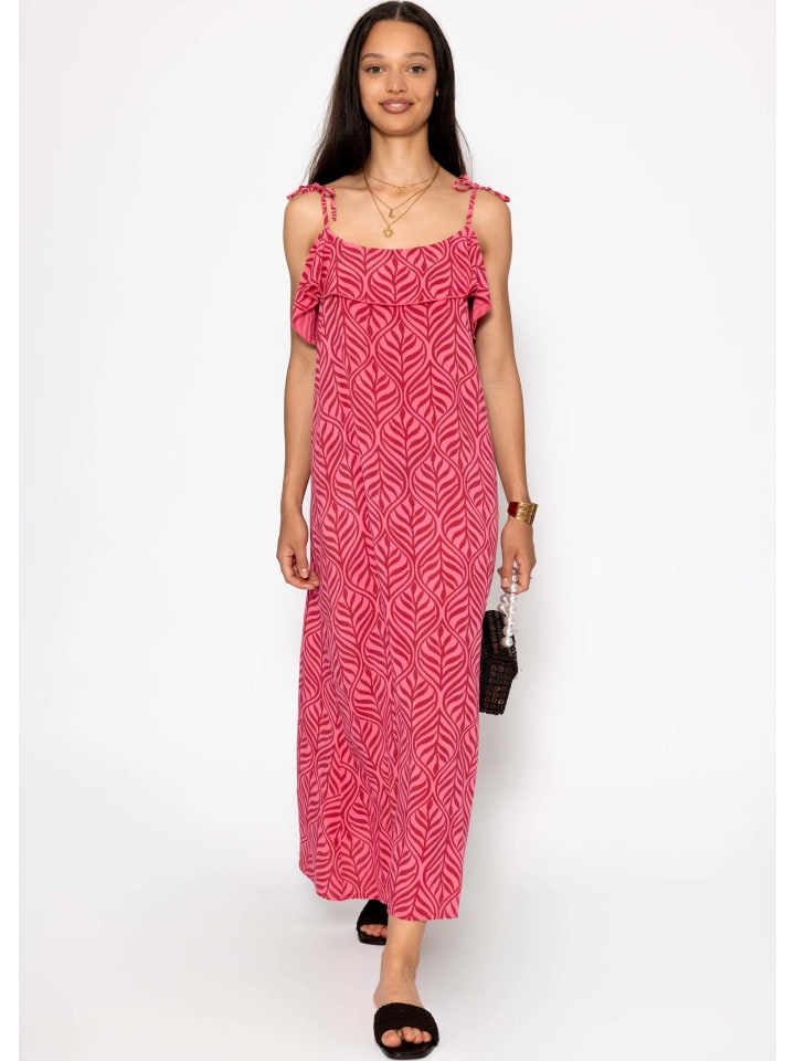 Langes Kleid mit Volants und Print in Rosa