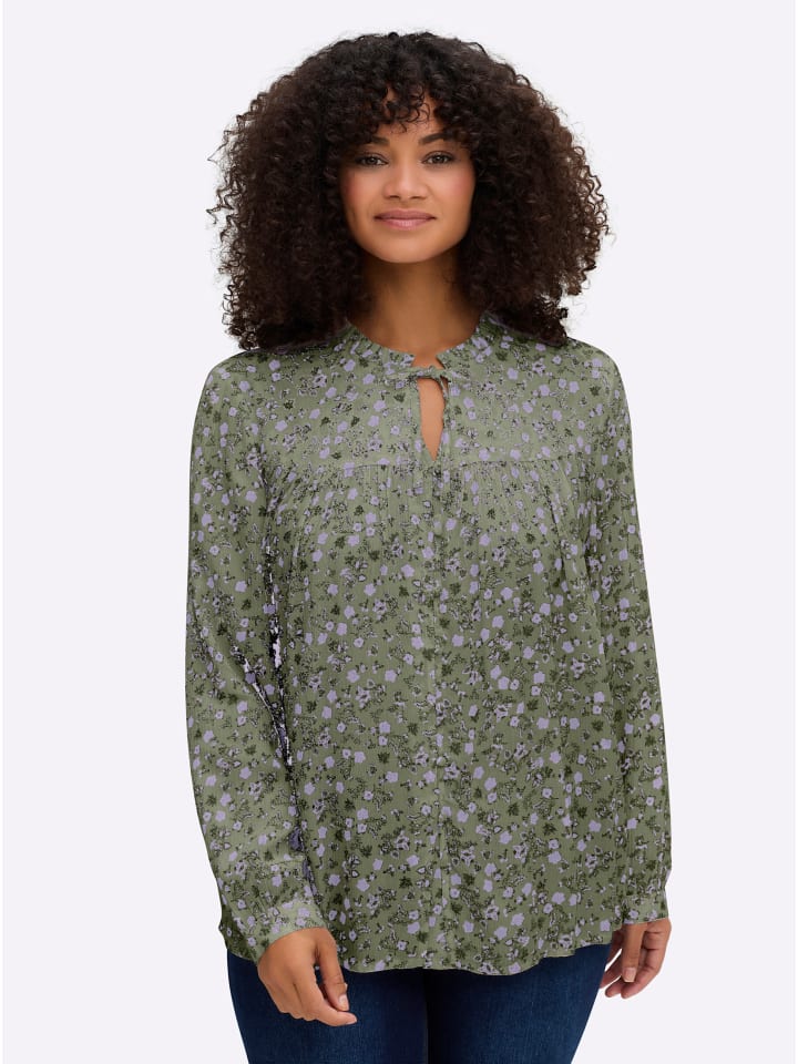 Bluse in khaki-flieder-bedruckt