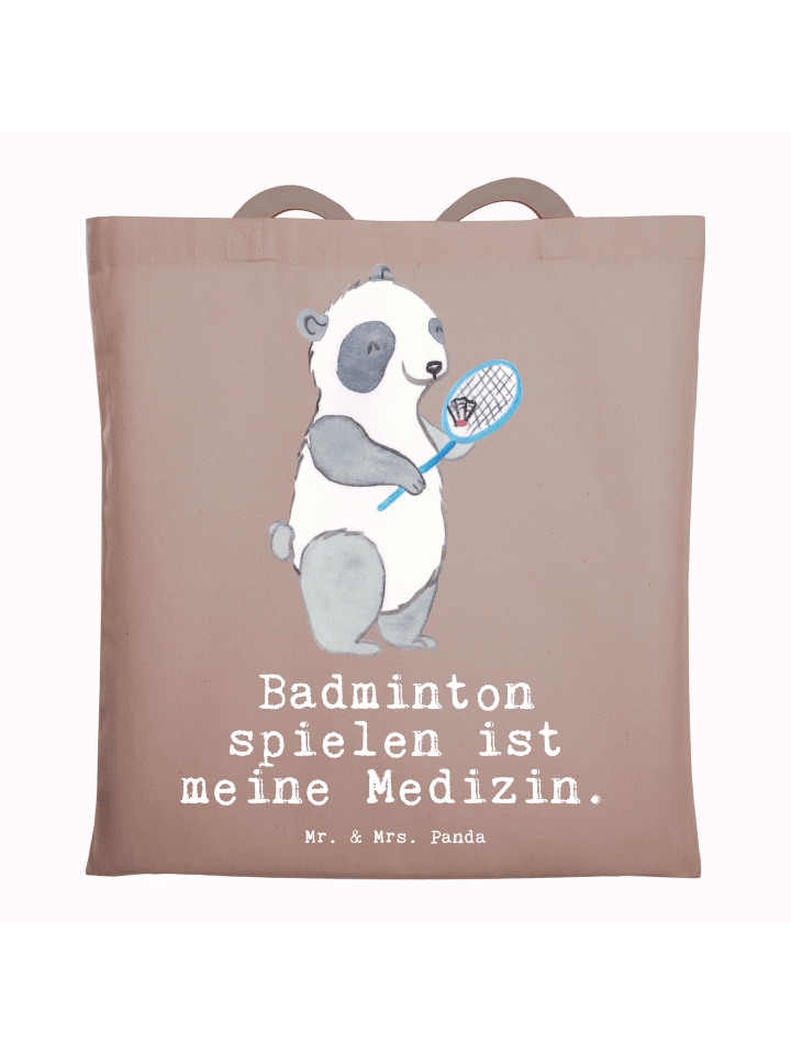 Tragetasche Panda Badminton mit Spruch in Braun Pastell