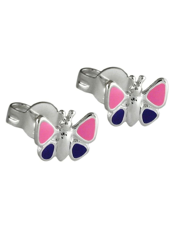 Ohrstecker Ohrring 8mm Kinderohrring Schmetterling pink-lila-lackiert Silber 925 in silber