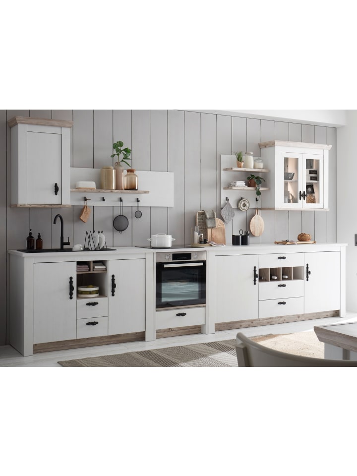 Küche in weiß Pinie Landhaus 394 cm 7-teilig, Küchenzeile mit Soft-Close