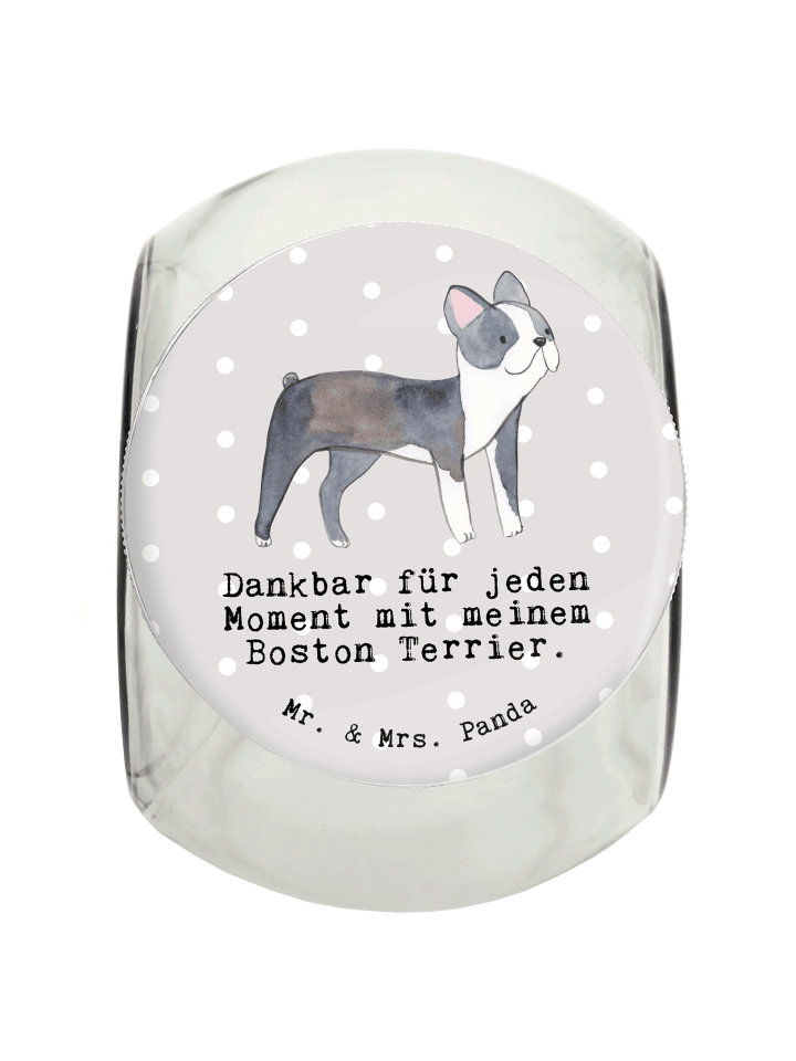 Leckerli Glas Boston Terrier Moment mit Spruch in Grau Pastell