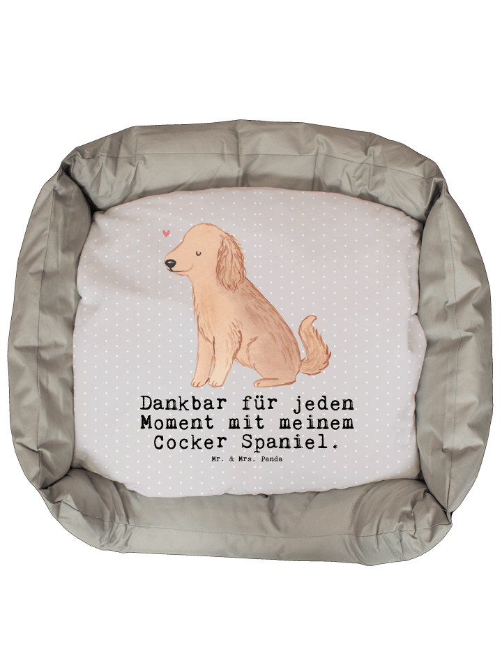 Hundekorb Blümchener Spaniel Moment mit Spruch in Grau Pastell