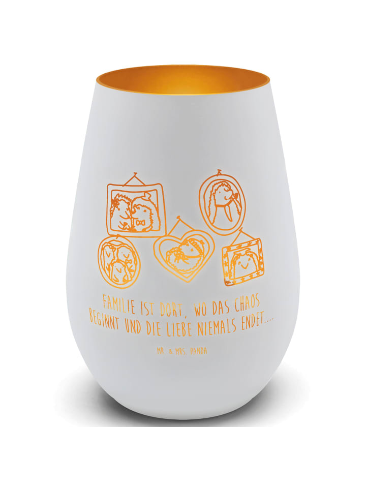 Glas Windlicht Igel Familie mit Spruch in Weiß