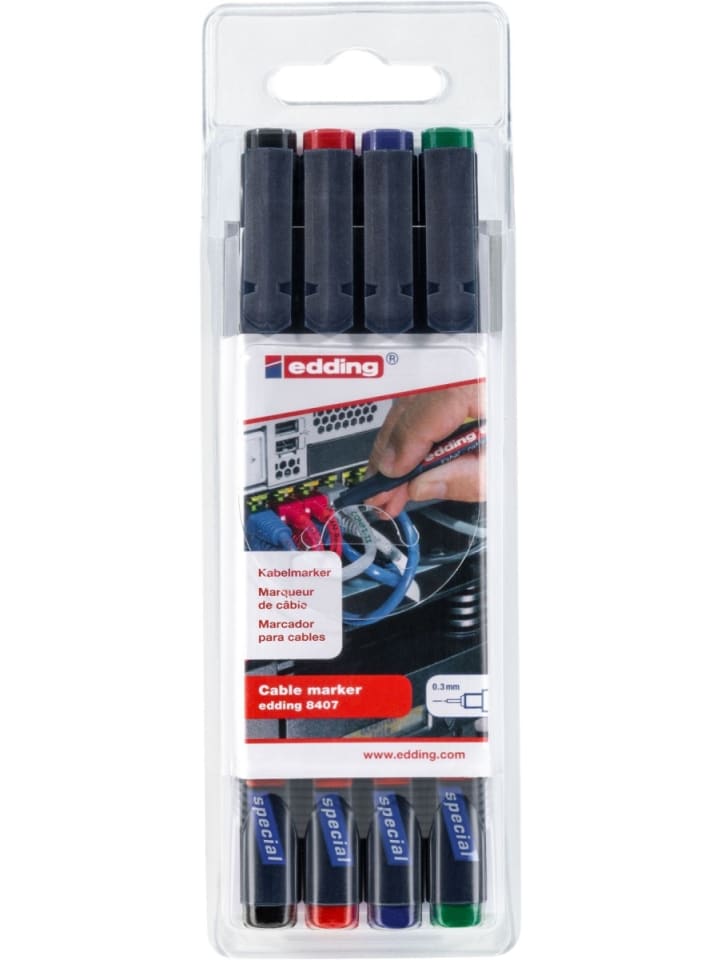 Kabelmarker edding 8407 0,3mm schwarz, rot, blau, grün Packung mit 4 S...