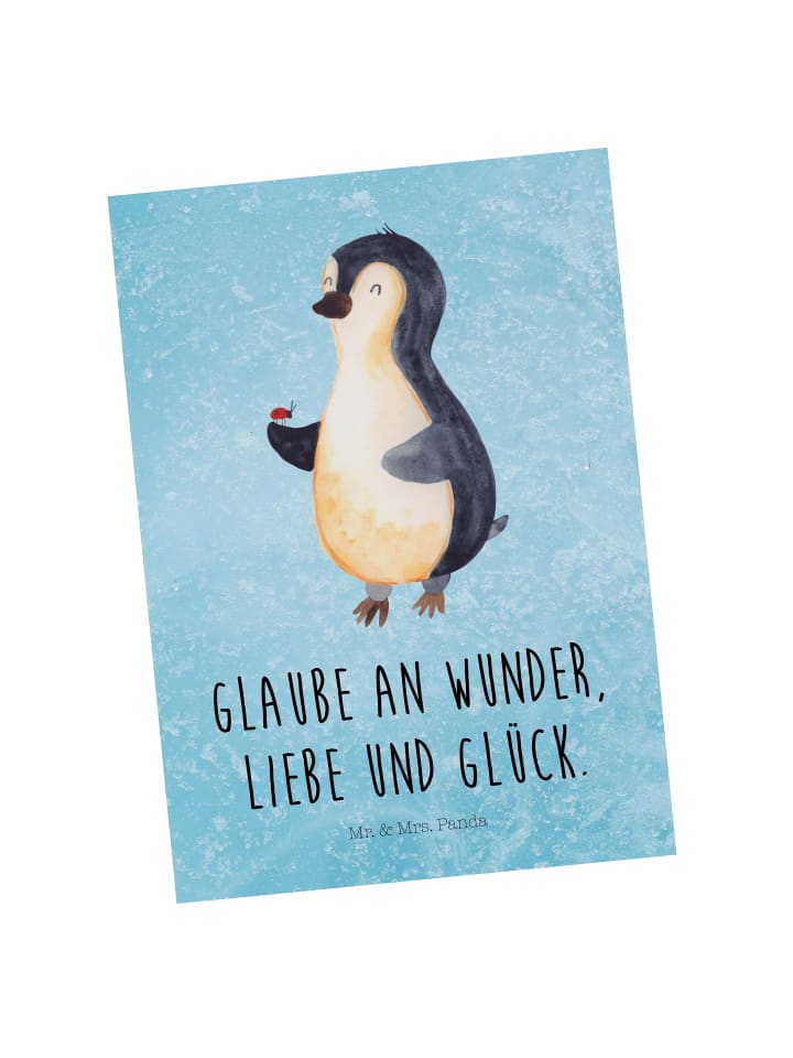 Postkarte Pinguin Marienkäfer mit Spruch in Eisblau