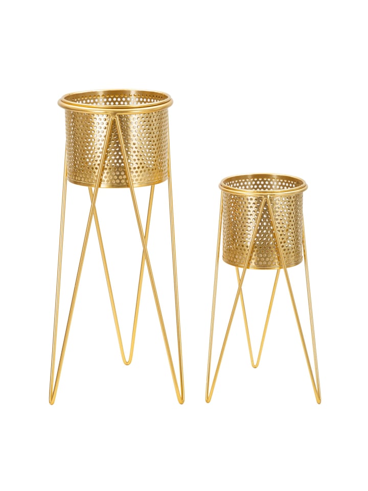 Set mit 2 goldenen Metall-Pflanztöpfen 21x20x46-18x18x32 cm