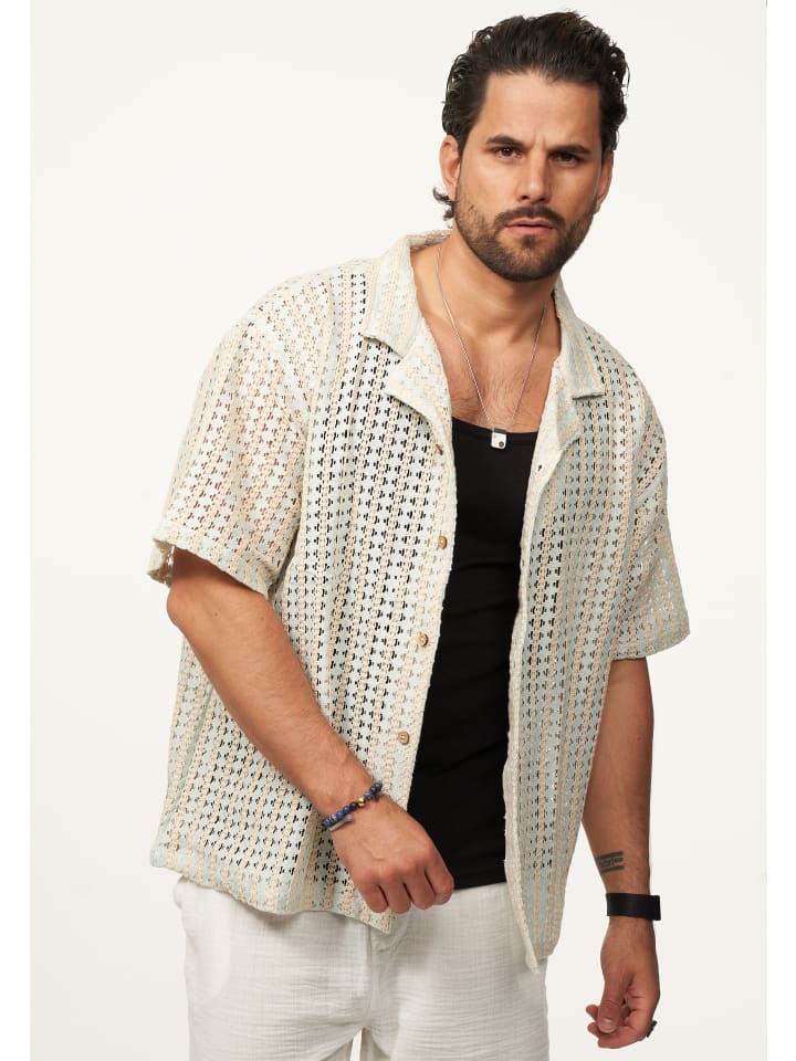 Kurzarmhemd - im Vintage Summer-Look Strick Polo-Hemd T-Shirt in Sage-Ecru