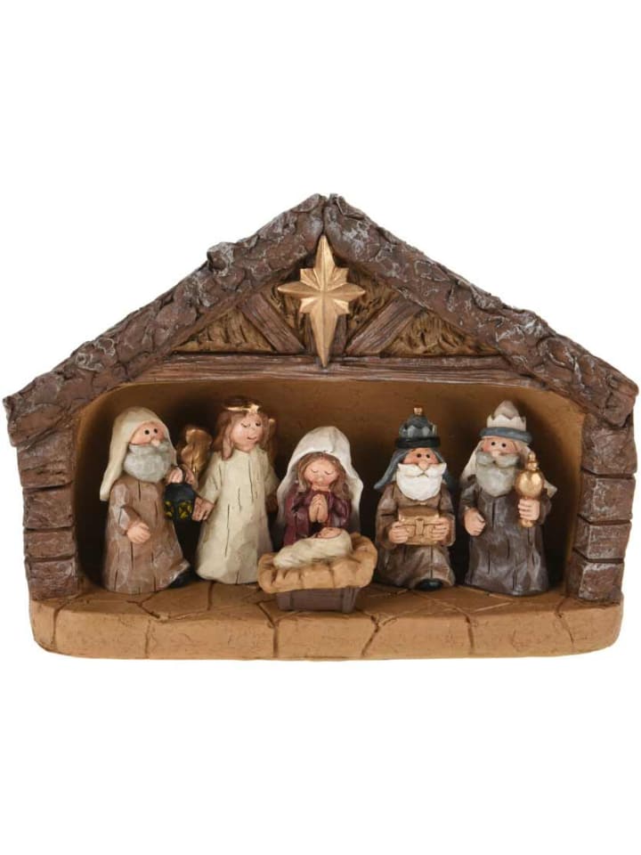 Weihnachtliche Krippe aus Polyresin in Braun, 24 x 18 cm