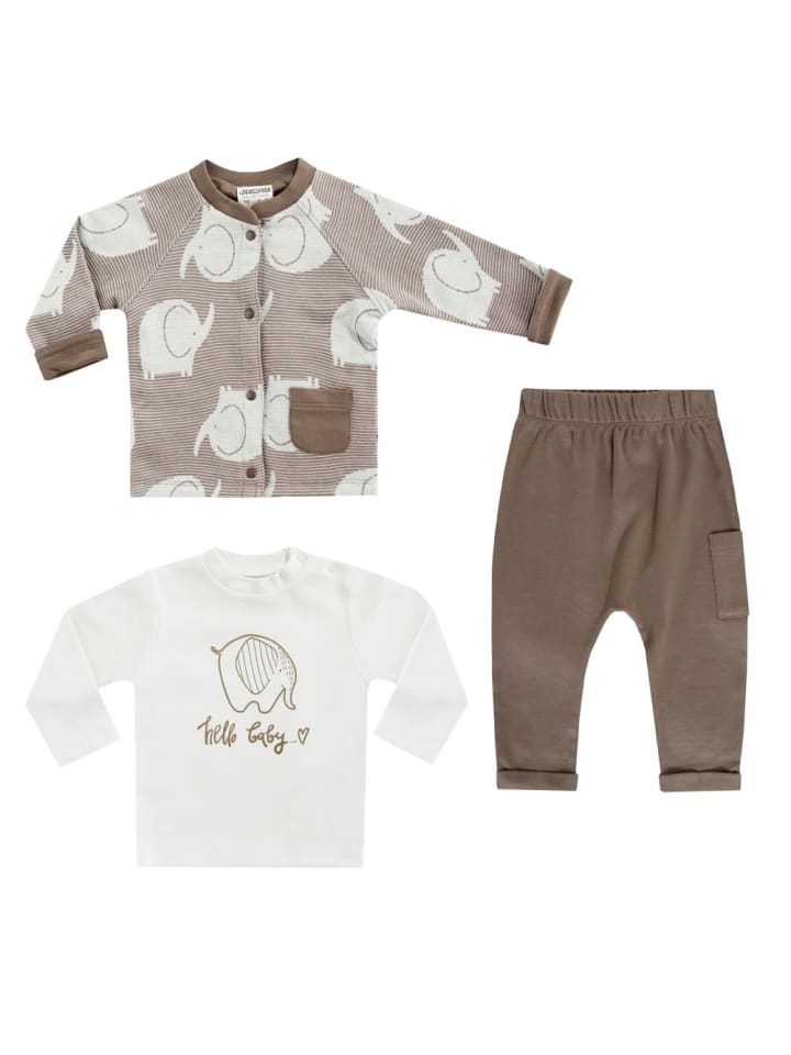 3-tlg. Set Strickjacke, Langarmshirt in braun,weiss