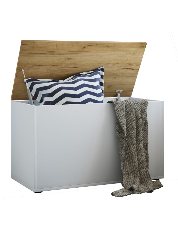 Holz Sitztruhe Sitzbank Truhe Box Kiste Bendola in Weiß / Honig-Eiche