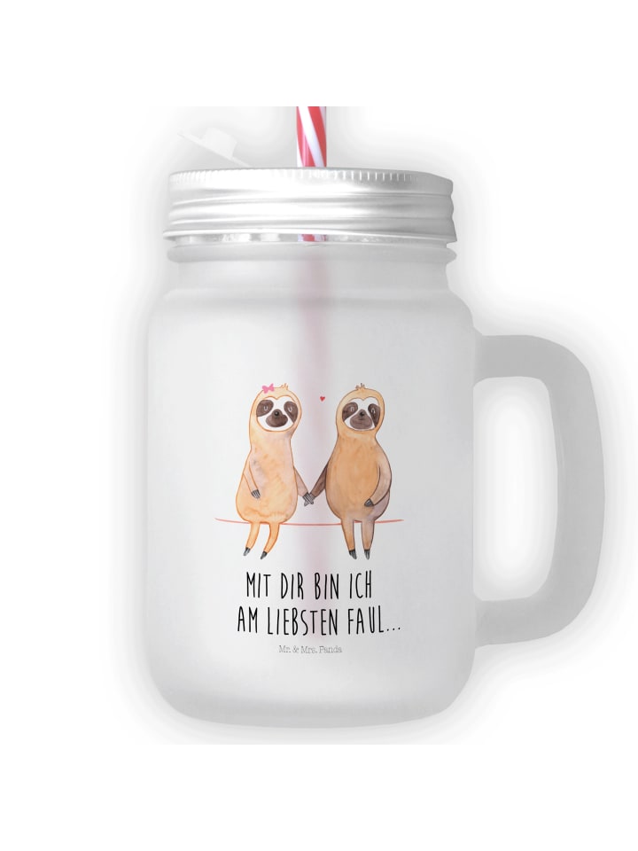 Glas Faultier Pärchen mit Spruch in Transparent