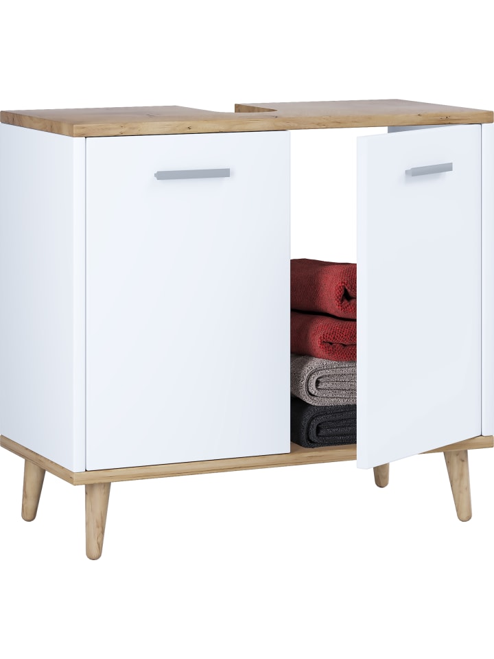 Holz Badmöbel Badunterschrank Waschbecken Landos in Weiß / Honig-Eiche