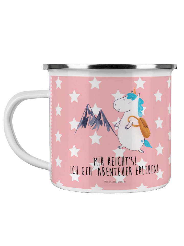 Becher Einhorn Bergsteiger mit Spruch in Rot Pastell
