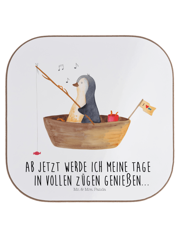 Tischschoner Pinguin Angelboot mit Spruch in Weiß