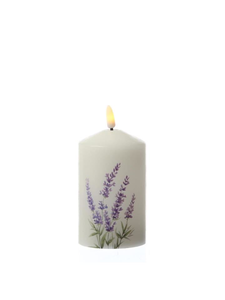LED Kerze mit Lavendel Motiv Echtwachskerze 7x14,5cm weiß