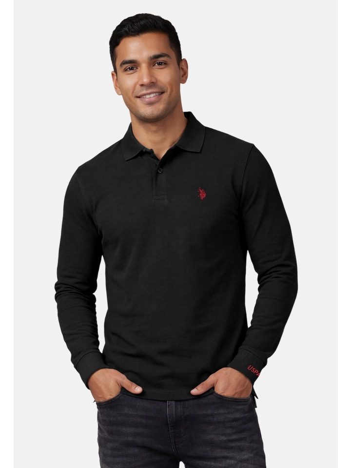 Longsleeve USJayson – Herren Langarm Poloshirt mit Logo-Stickerei in Schwarz
