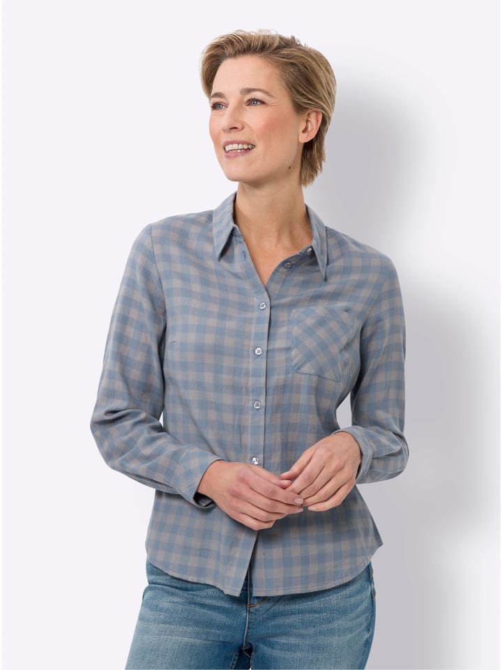 Flanell-Bluse in taubenblau-kariert