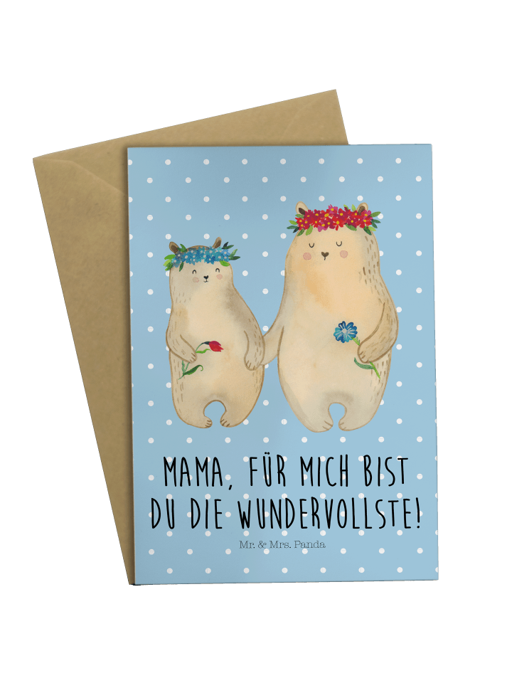 Grußkarte Bären mit Blumenkranz mit Spruch in Blau Pastell