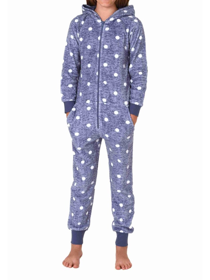 Jumpsuit Schlafanzug Overall Coralfleece Tupfen - 76786 in blau