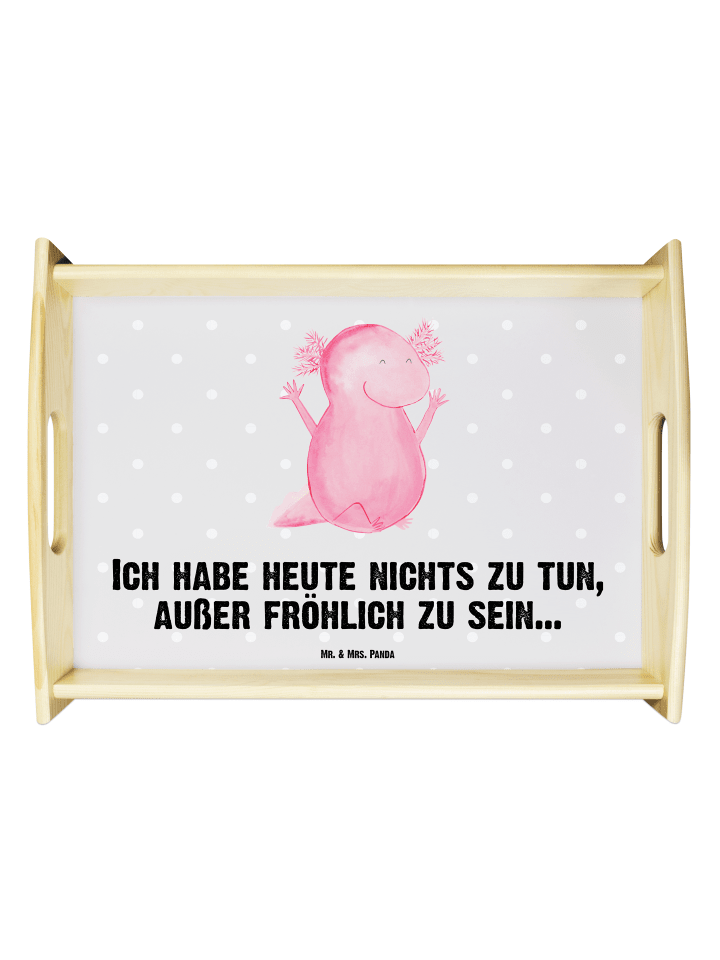 Holz Tablett Axolotl Hurra mit Spruch in Grau Pastell