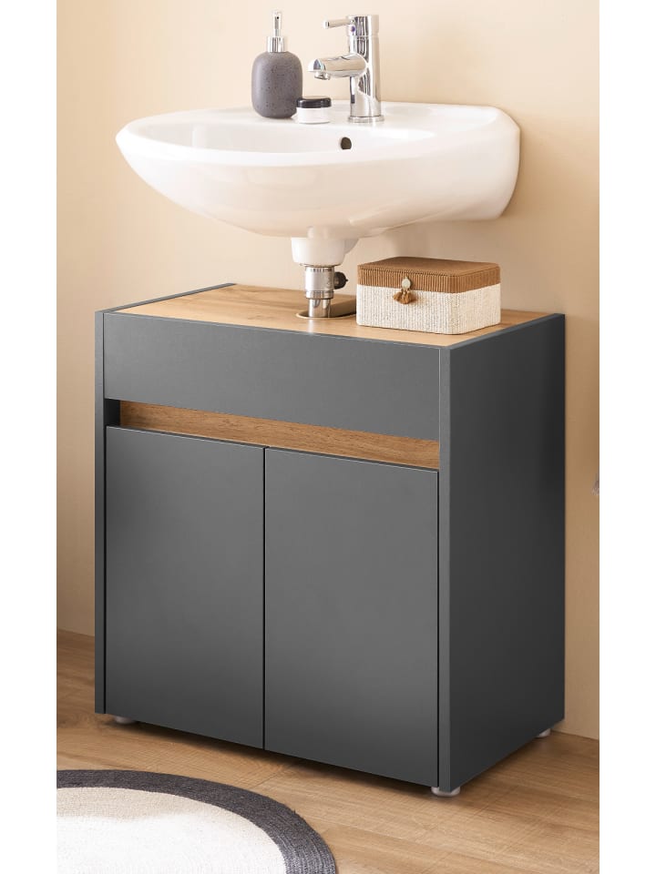 Waschbeckenunterschrank grau matt, Wotan Eiche, Badezimmer Unterschrank 60 cm