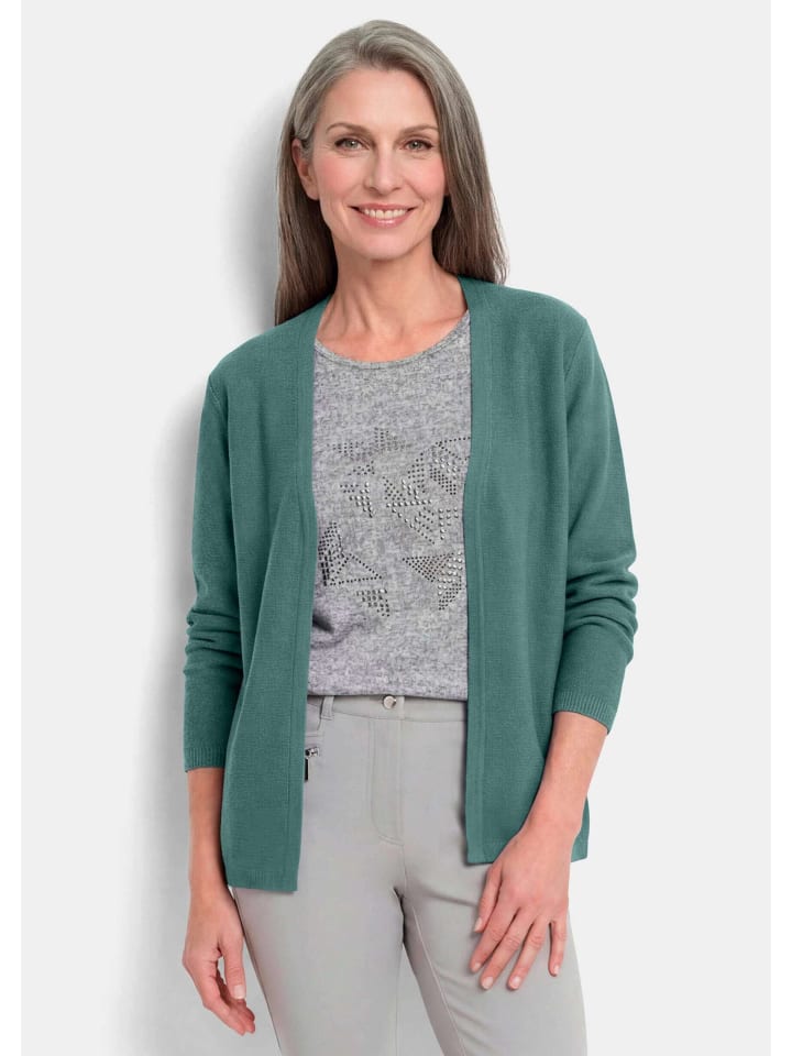 Kurzgröße:  Feinstrickjacke mit Schurwolle in graugrün