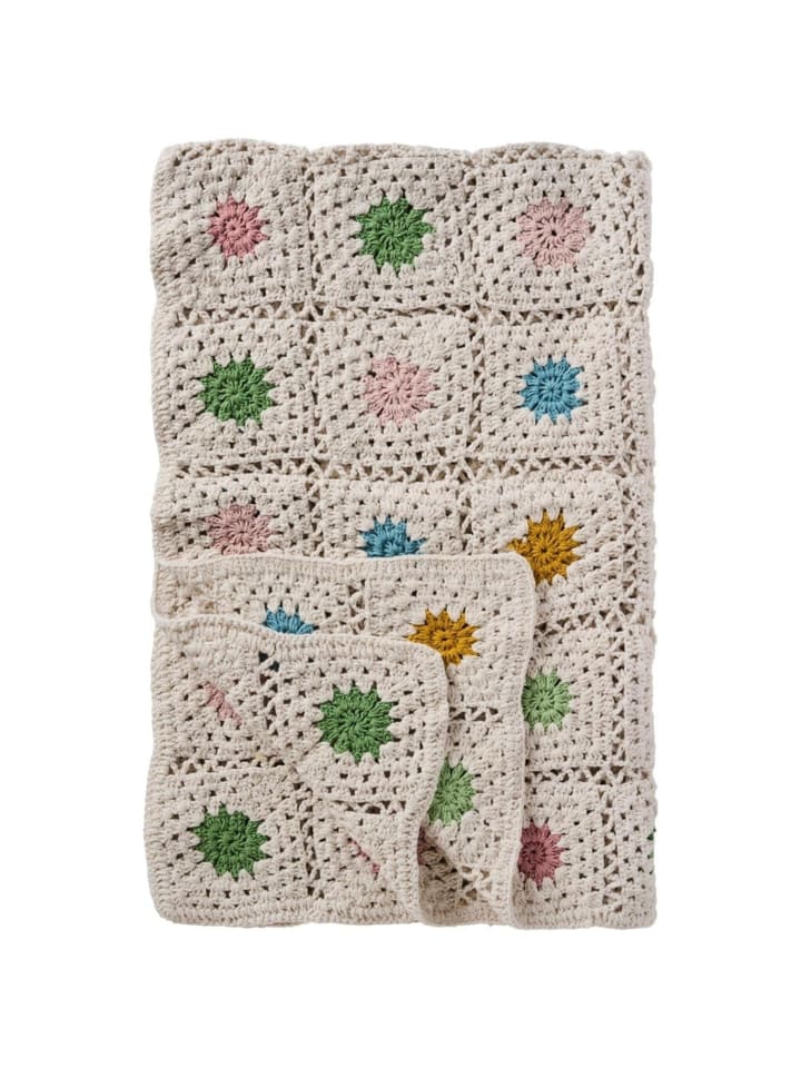 Häkelplaid Blumenwiese aus Baumwolle in creme