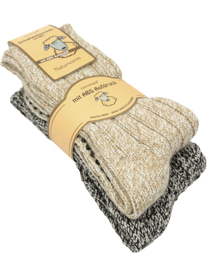 2 Paar Norweger-ABS-Socken mit Schafwolle in Braun/Beige