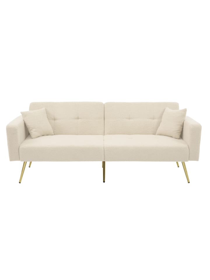 2 Sitzer Sofa in Beige mit Bettfunktion goldenen Beinen und Seitentaschen