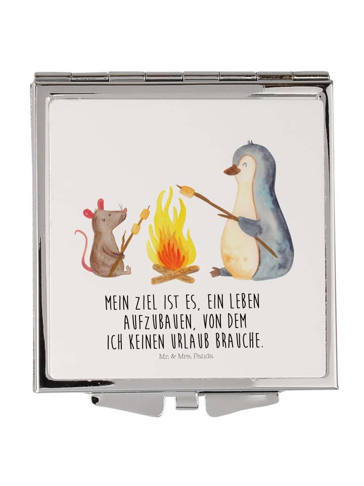 Kosmetikspiegel Pinguin Lagerfeuer mit Spruch in Weiß