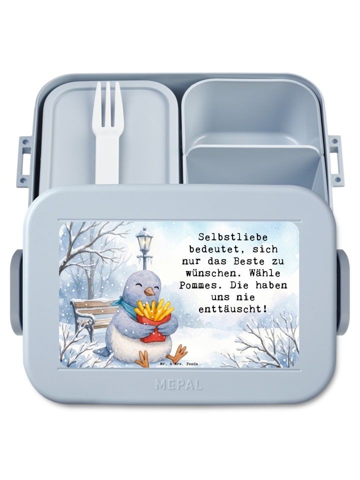 Lunchbox Taube Winter Pommes Design mit Spruch in Blau Pastell