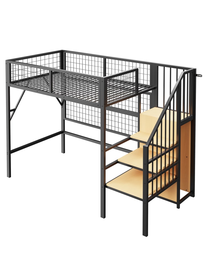 Etagenbett in Schwarz mit LED Lichtleisten Treppe und Stauraum 90x200 cm