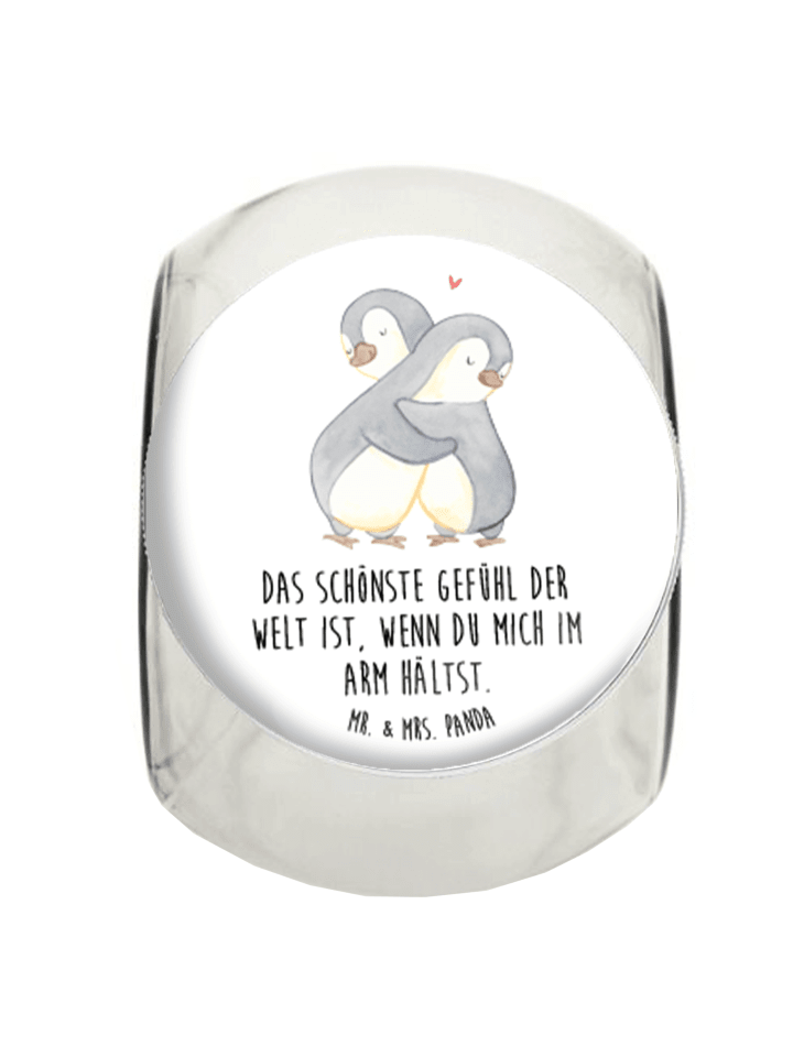 Bonbonglas Pinguine Kuscheln mit Spruch in Weiß